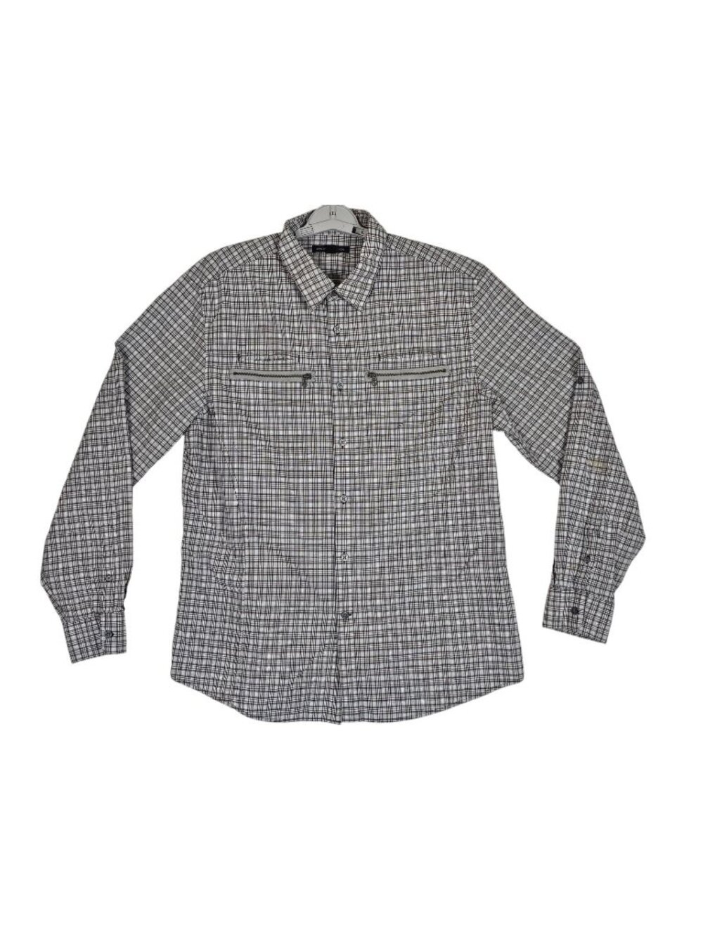 John Varvatos Mens Plaid Button Down Shirt XL Gray White Roll Tab Zip Pocket